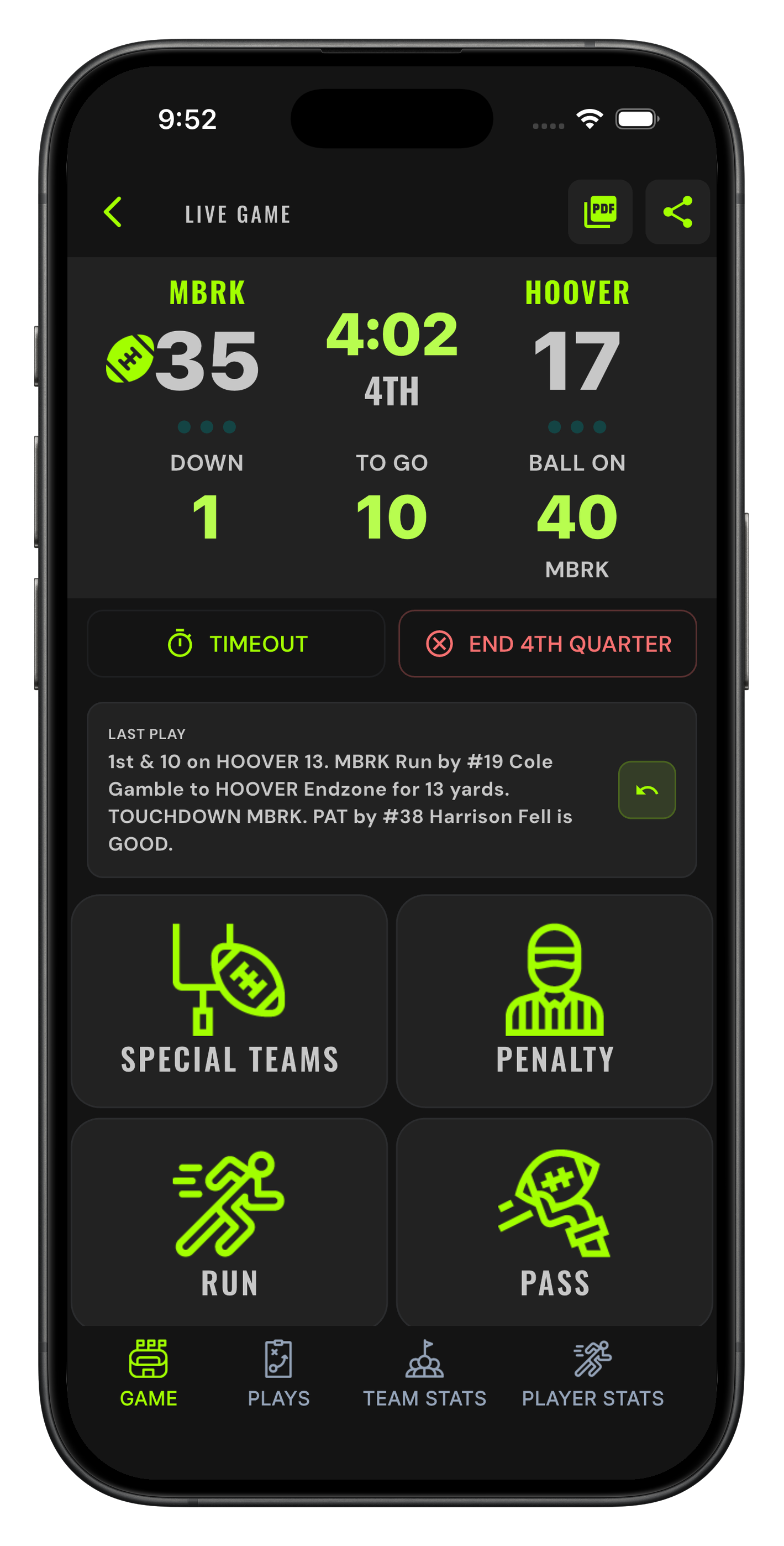 iPhone showing the in-game stat tracker